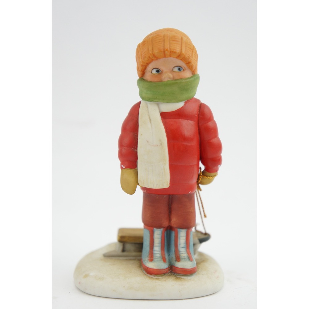 GC Vintage 1981 CS Crafted in Taiwan Ceramic Boy Sled‎ Ornament Figurine